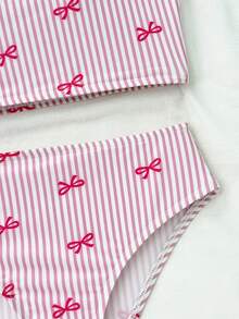 Emery Rose Kids Emery Rose Kids 少女条纹蝴蝶结装饰吊带泳衣套装(含泳裤)两件套 - 粉色 - 查看 9