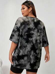 Muchica Plus Size Women's Tie-Dye Pattern Drop Shoulder Comfortable T-Shirt, Suitable For Summer - Dark Grey - View 2