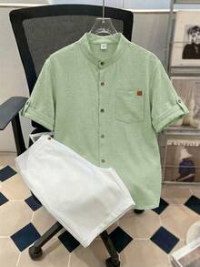 SHEIN Conjunto de camisa de manga corta y pantalones cortos con textura de rayas onduladas casual y cómodo para adolescentes, primavera/verano - verde menta - Ver 1