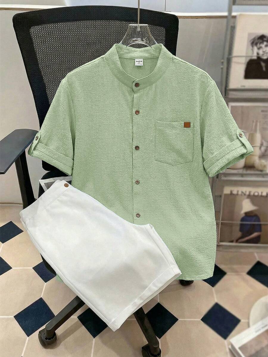 SHEIN Conjunto de camisa de manga corta y pantalones cortos con textura de rayas onduladas casual y cómodo para adolescentes, primavera/verano - verde menta - Ver 1