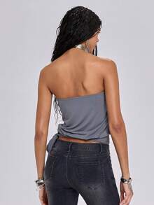 Summer Y2K Retro Sexy Crop Top With Sequin Embroidery, Side Slit Drawstring Waist, For Women - Grey - View 10