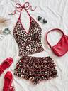 Soleia Plus Size Women Leopard Print Contrast Color Halter Tank Top Shorts 2 Piece Set, Summer Holiday Beach Brown Y2k