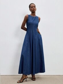 ATUI Studio Đầm denim nữ dáng suông không tay, eo xếp ly, gấu xòe, không kèm thắt lưng. - trắng - Xem 4
