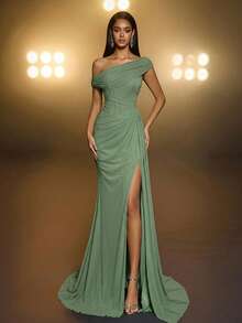 Glamrae Minimalist Distressed Khaki Ruched Off-Shoulder Semi-Sheer Fishtail Slit Formal Evening Gown - Green - View 4
