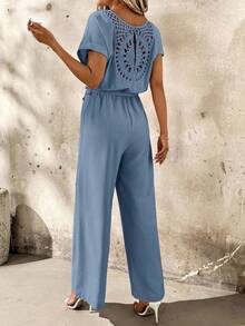 SHEIN Clasi 女士纯色露背荷叶边短袖连体裤 - 藍色 - 查看 9