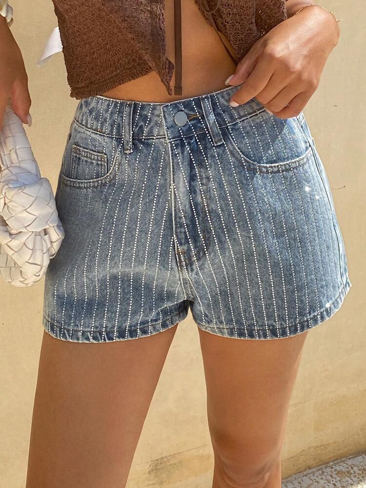 Striped Shiny Straight Leg Casual Shorts, Summer Women Denim Shorts