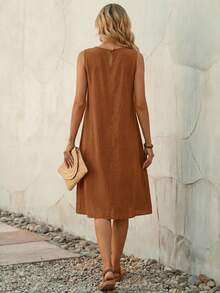 EMERY ROSE 女士休闲无袖圆领A字连衣裙，夏季女装，女士夏季连衣裙，女士休闲连衣裙，女士休闲连衣裙，无袖直筒连衣裙，锈红色连衣裙，优雅休闲复古色连衣裙 - 棕色 - 查看 2