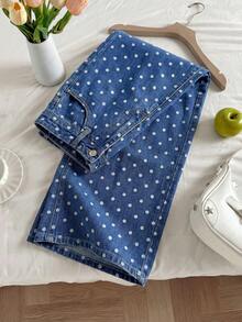 SHEIN Comfortcana Quần jeans nữ kiểu dáng thường ngày, họa tiết chấm bi, túi xéo. - Rửa nhẹ - Xem 3