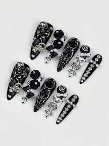ROMWE Bộ 10 món đồ trang trí móng tay phong cách Gothic Dark Punk, gồm móng vuốt hình đầu lâu, đinh tán, nơ, miếng dán móng giả và một miếng băng dính hai mặt. - màu đen - Xem 3