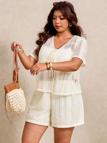 Elaquor Plus Size Casual Short Sleeve Top And Shorts 2 Pieces Set - Apricot - View 5