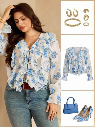 Roveilla 大码春夏雪纺荷叶边下摆休闲度假优雅长袖衬衫