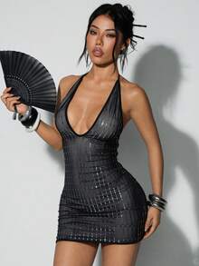 EgrlEra 女士时尚紧身性感夜店风网纱无袖深V领迷你连衣裙 - 黑色 - 查看 1