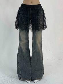 FRIFUL Women's Elastic Waist Floral Lace Fashion Skirt - Black - View 8