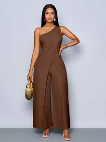 SOLERSUN Mono de pierna ancha con abertura, sin mangas y de un solo hombro, de moda para mujer en primavera y verano - Café integral - Ver 5