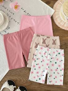 4件套女童柔软针织打底裤，轻薄夏季裤装，可爱兔子和花卉印花 - 彩色 - 查看 2
