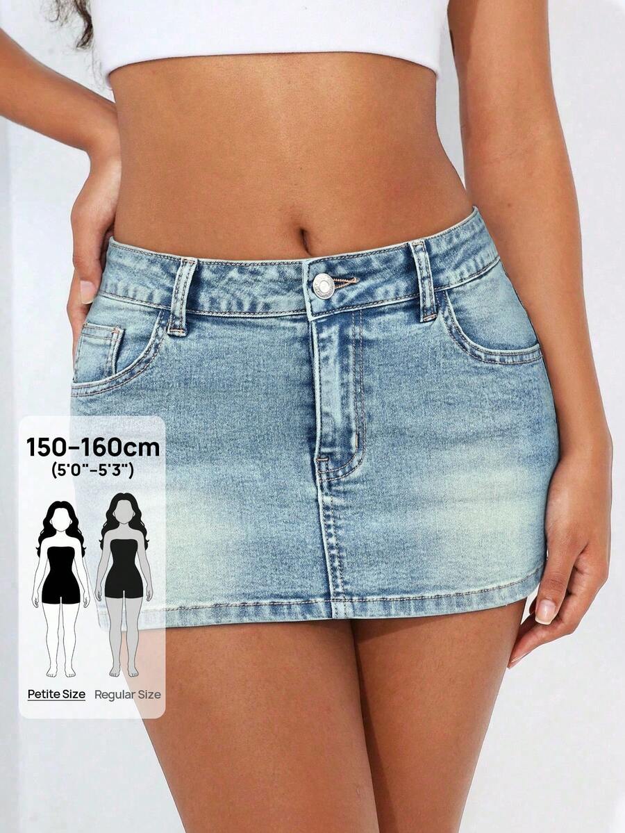 SHEIN PETITE Chân váy denim có túi và khóa kéo, đa năng, thời trang dành cho nữ. - Rửa nhẹ - Xem 1