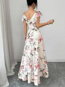 Vestido largo floral asimetrico de mujer con hombros descubiertos y bajo irregular con volantes - Albaricoque - Ver 2