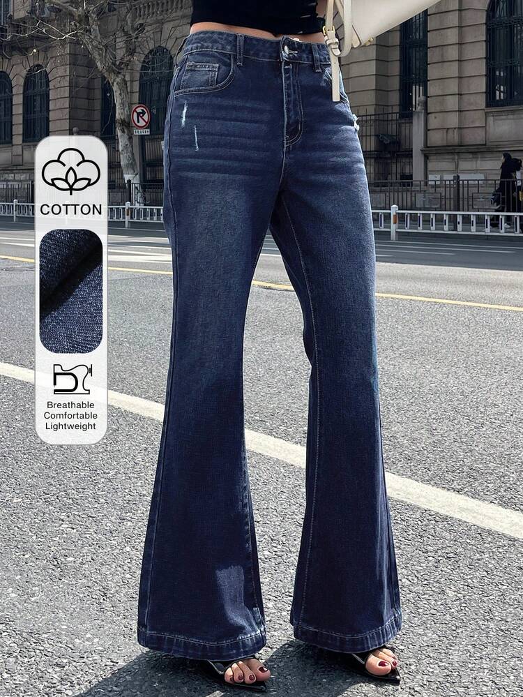 Women's Blue Cotton Washed Casual Flare Jeans, Spring & Summer