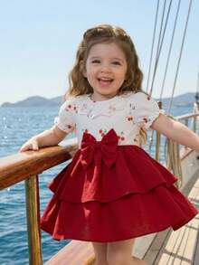 Souflis Souflis 2pcs/Set Baby Girls' Sweet Cute Lace Peter Pan Collar Short Sleeve Bow Dress & Hat Set, Suitable For Summer, Vacation & Party - Red and White - View 9