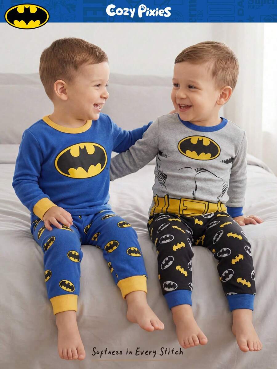 BATMAN X Cozy Pixies Conjunto de 4 piezas de pijama ajustado para niño pequeño, con estampado de superhéroes de dibujos animados, top de cuello redondo de punto suave de manga larga y pantalón largo de cintura elástica - Gris - Ver 1