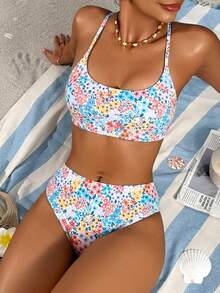 Swim Mod Set Pakaian Renang Bikini Seksi Wanita dengan Motif Bunga Acak dan Tali Bahu Tipis, Cocok untuk Liburan di Pantai - Baby Blue - View 1