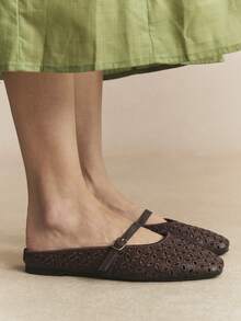 Rosivie Zapatos de mujer de nueva moda, tejidos, huecos, cómodos, transpirables, de suela plana y punta cuadrada - Café integral - Ver 3
