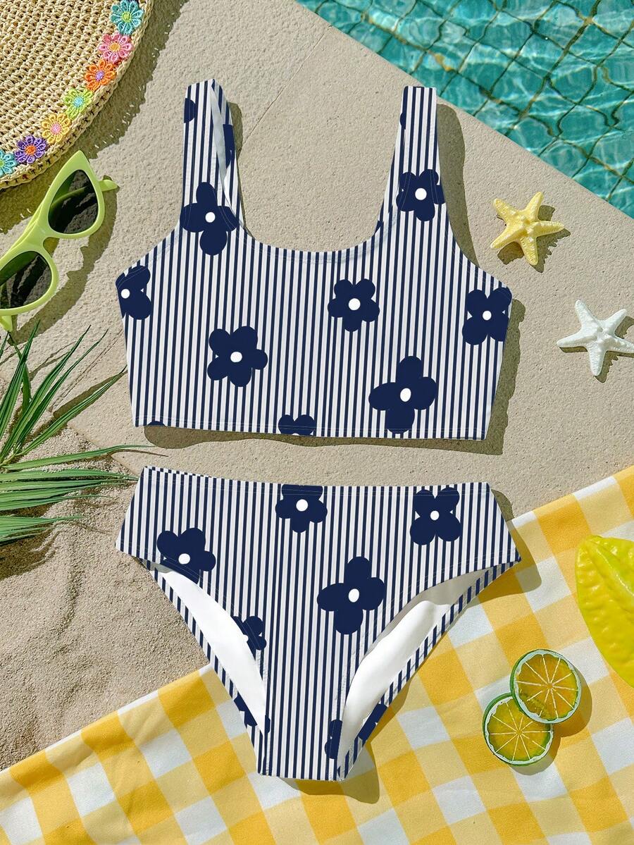 SHEIN Young Girl Striped & Floral Print Bikini Set, Summer Beach Vacation - Multicolor - View 1