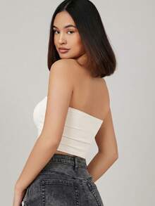 SHEIN BASICS 女款純色百褶休閒百搭日常穿搭抹胸短版平紋夏季度假白色上衣 - 白色 - 查看 3