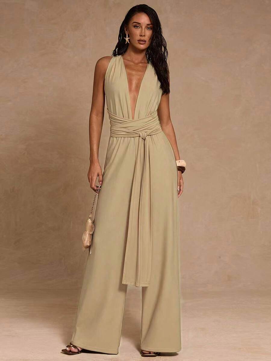 SHEIN Glamour 女士纯色深V领褶皱休闲连体裤 - 卡其色 - 查看 1