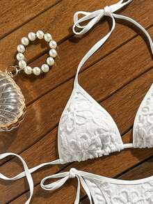 Swim Mod Bộ bikini hai mảnh cổ yếm tam giác họa tiết hoa dành cho nữ, màu trắng, có tua rua, thích hợp cho các buổi tiệc bể bơi và thư giãn. - trắng - Xem 3