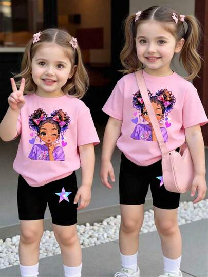 春夏女童休闲时尚创意个性清新可爱卡通非洲发髻女孩闪亮蝴蝶结爱心五角星图案印花休闲基础款短袖T恤和骑行短裤套装，舒适日常穿着