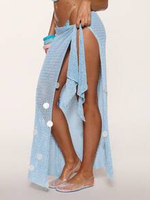 MUSERA 钩针装饰系带高开衩长裙，沙滩泳装性感可爱外出度假夏季深蓝色 - 淺藍色 - 查看 3