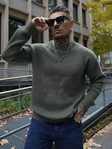 Artur Kramer ANDREILEE Men's Casual Pullover Sweater, Streetwear Style, Solid Color, Long Sleeve, Round Neck, Loose Fit, Short Length, Lightweight, Polyester, Suitable For Spring, Autumn And Winter - Green - View 5