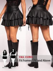 SHEIN Tall CURVE 大码女式性感休闲街头风弹力PU涂层面料抽绳腰带多层荷叶边迷你裙，适合日常穿着、音乐节、演唱会、嘉年华、约会之夜、生日派对、单身派对、夜店等场合，打造可爱休闲造型，也适合购物、街头时尚、外出游玩，时尚又显身材。 - 黑色 - 查看 1
