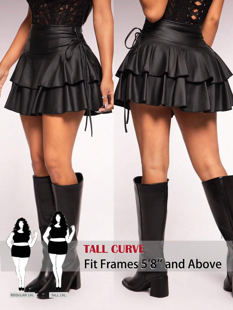 SHEIN Tall CURVE 大码女式性感休闲街头风弹力PU涂层面料抽绳腰带多层荷叶边迷你裙，适合日常穿着、音乐节、演唱会、嘉年华、约会之夜、生日派对、单身派对、夜店等场合，打造可爱休闲造型，也适合购物、街头时尚、外出游玩，时尚又显身材。 - 黑色 - 查看 1