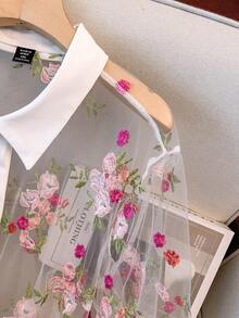 SHEIN CURVE+ 大码女式网纱花卉刺绣上衣和简约短裤两件套，法式浪漫优雅套装 - 白色 - 查看 6