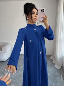 Yasmyna 女士优雅串珠褶裥长袖阿拉伯风格连衣裙 - 寶藍色 - 查看 4