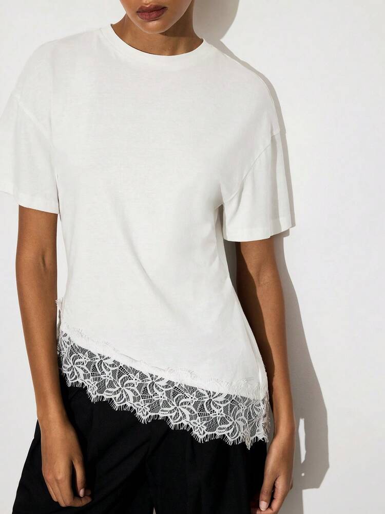 SHEIN Maija Women's Solid Color Lace Patchwork Round Neck Short Sleeve T-Shirt,Vacation Outfits Women