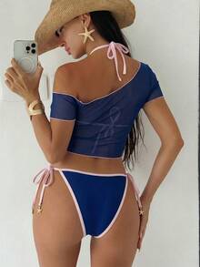 Bonvoyette 女士夏季沙滩拼接露背系带性感比基尼三角泳裤套装，含罩衫 - 彩色 - 查看 2