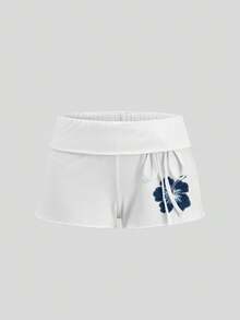 SHEIN EZwear 女士复古印花芙蓉花腰带系带短裤，适合外出、街头风、机场、时尚、居家、Y2K风格 - 白色 - 查看 4