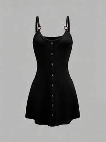 SHEIN Swim Lushore Women's Summer Vacation Beach Solid Color Textured Fabric High Stretch Sleeveless Buttoned Decor Coverup Dress - Black - View 7
