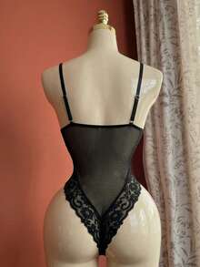 SHEIN Eyelash Lace Panel Teddy Bodysuit Lingerie UnderwearOuter, Baddie Look - Black - View 2
