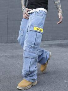 Manfinity EMRG 男士美式多口袋字母印花牛仔裤 - 藍色 - 查看 4