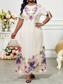 SHEIN Lady Elegantes Blume Muster Kleid mit Schlitz und Twist-Ärmeln für Damen in Große Größen, locker für den Urlaub - Pink - Übersicht 3