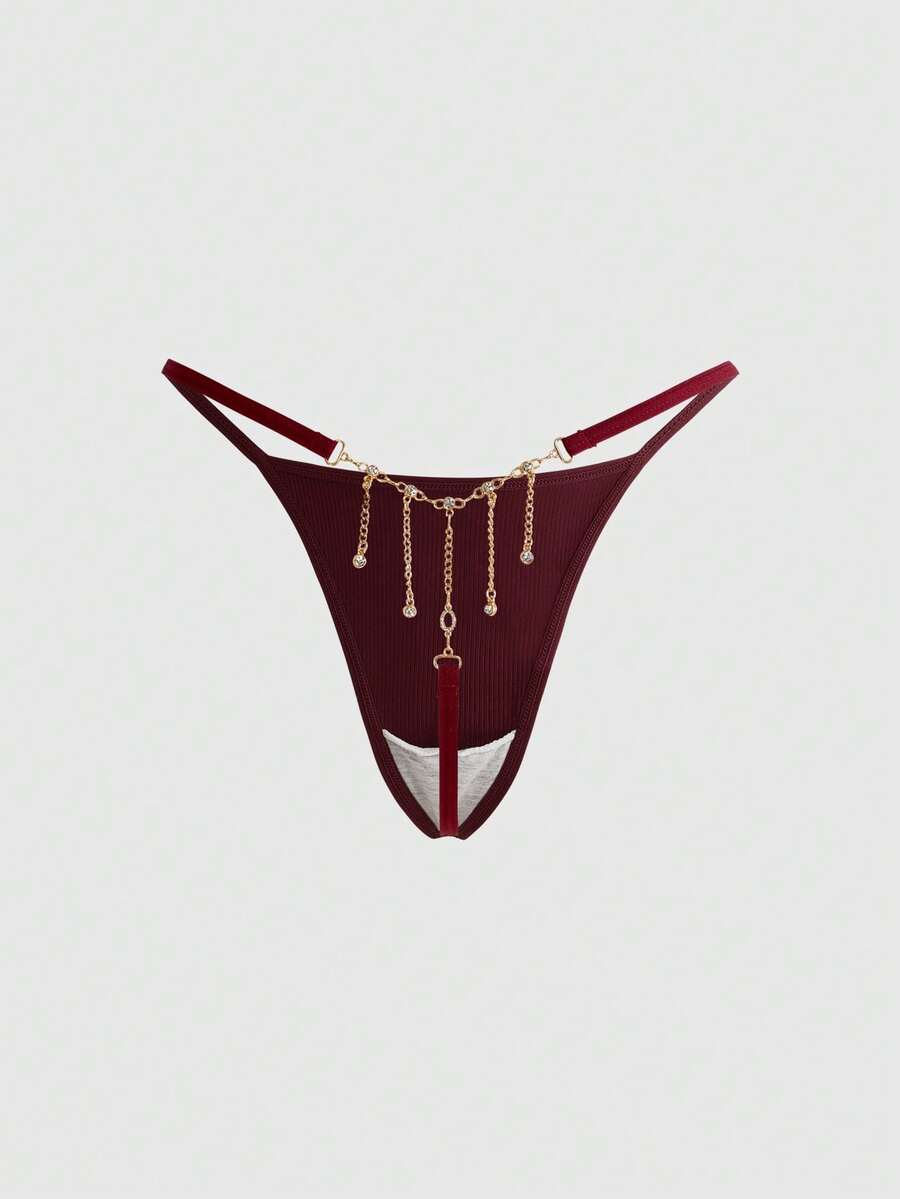 ROMWE Goth 1 pieza Tanga de mujer con cadena metálica gótica decorada con diamante de imitación - Burdeos - Ver 1