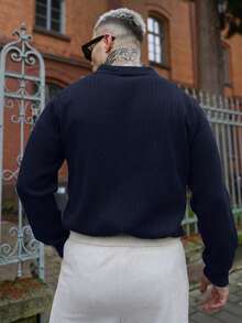 Artur Kramer ALTZTAR 男士宽松修身长袖条纹针织 Polo 衫，简约时尚，适合春秋季日常通勤穿着。 - 藏蓝色 - 查看 2