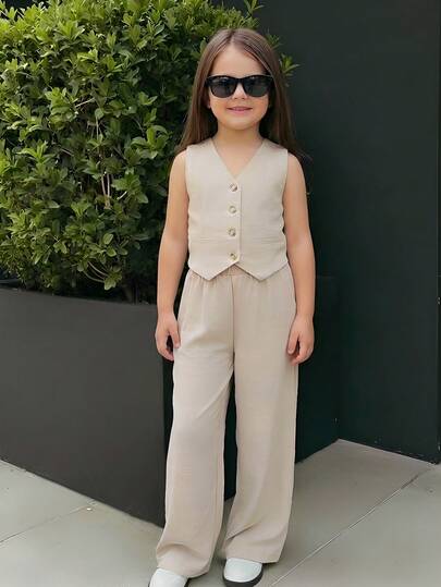 SHEIN Pantalones casuales de ajuste holgado con textura color albaricoque para niña