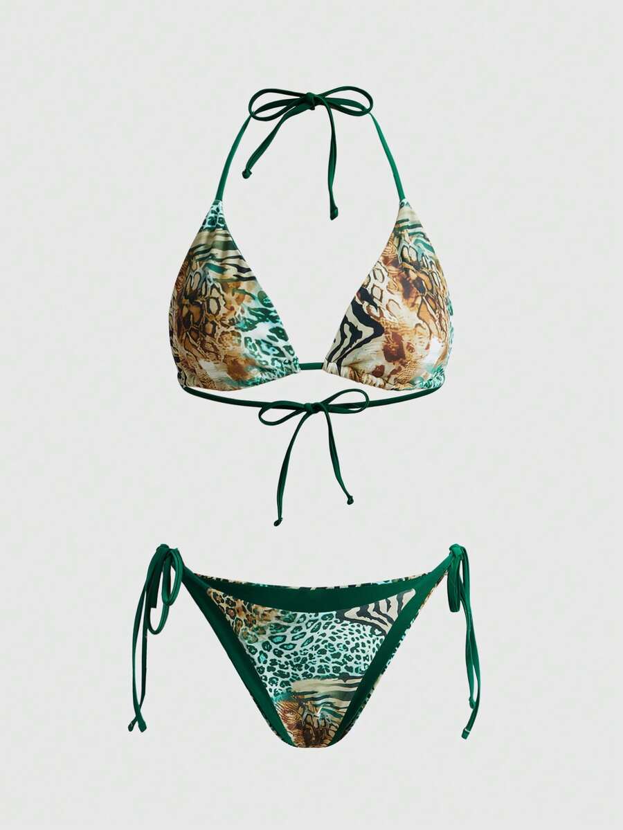 ROMWE Avant Bộ bikini 2 mảnh họa tiết da báo cổ điển gợi cảm năm 2025 dành cho nữ, thích hợp cho kỳ nghỉ hè trên bãi biển. - Nhiều màu - Xem 1