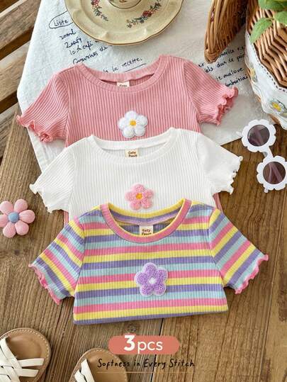 Cozy Pixies 3pcs Baby Girl Floral Print Soft Knit Crew Neck Short Sleeve Top Set