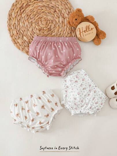 Cozy Pixies Bộ đồ liền thân 3 món cho bé gái, chất liệu dệt kim, họa tiết gấu hoạt hình và hoa dễ thương, gồm quần legging và áo thun cạp chun.